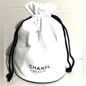Chanel white cotton pouch cosmetic make up bag